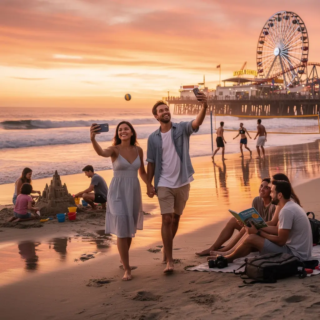 Rodzina ciesząca się wspólnym czasem na plaży w Kalifornii.